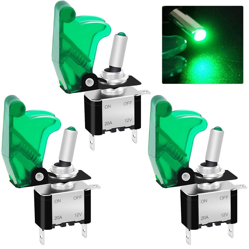 Twidec/3Pcs Rocker Toggle Switch 12V 20A Heavy Duty Racing Car Automative Auto SPST ON/Off Toggle Switch Green LED Illuminated 3Pin with Green Waterproof Safety Cover ASW-07DGGMZ - Image 1